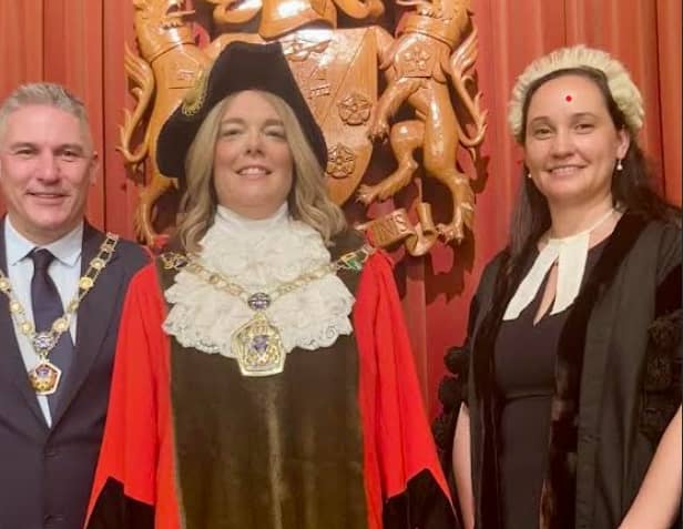 The new Mayor of Wyre for 2024/5, Coun Jane Preston, with husband Steve as mayoral consort and (right) Wyre's Chief Executive, Rebecca Huddleston