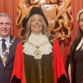 The new Mayor of Wyre for 2024/5, Coun Jane Preston, with husband Steve as mayoral consort and (right) Wyre's Chief Executive, Rebecca Huddleston