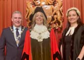The new Mayor of Wyre for 2024/5, Coun Jane Preston, with husband Steve as mayoral consort and (right) Wyre's Chief Executiver, Rebecca Huddleston