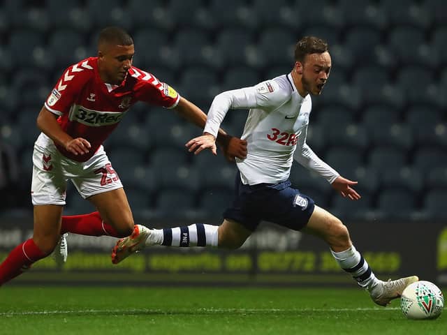 Brandon Barker (R) was on loan at Preston North End in the 2018/19 season. He's now a free agent after being released by a League Two club. (Photo by Matthew Lewis/Getty Images)