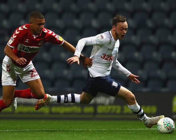 Brandon Barker (R) was on loan at Preston North End in the 2018/19 season. He's now a free agent after being released by a League Two club. (Photo by Matthew Lewis/Getty Images)