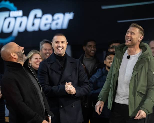 Chris Harris, Paddy McGuinness and Freddie Flintoff on the set of Top Gear. Credit: BBC