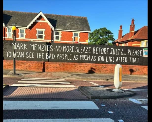 It is the third message for Mark Menzies to appear outside the address in Clifton Drive, Ansdell since the scandal which saw the Fylde MP suspended from the Conservative Party last month.Credit: Kath Coops