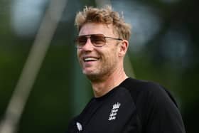Andrew (Freddie) Flintoff, Coach of England looks on during a net session ahead of the 3rd Vitality IT20 at Sophia Gardens on May 27, 2024 in Cardiff, Wales.  (Photo by Dan Mullan/Getty Images)
