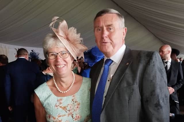 Val and her husband John at the garden party,