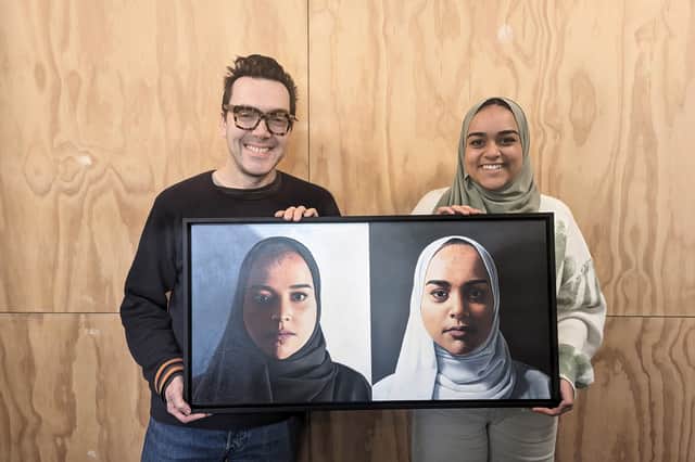 Artist Peter Davis and Preston based grahpic designer Fahima Patel with Stereo (diptych)