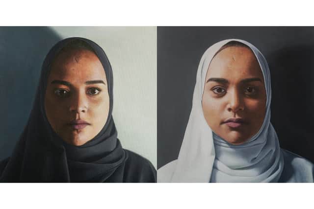 Stereo (diptych) depicts Fahima twice in different hijabs with different lighting. [The white border is not part of the painting.]