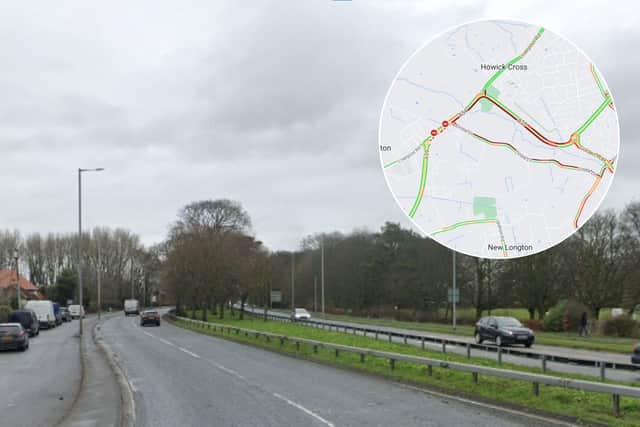 Heavy traffic building after crash on the A59 Liverpool Road in Hutton (Credit: Google/ AA)