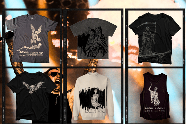 Several of Avenged Sevenfold's current merchandise could be available at the merchandise stalls at Download Festival 2024. Many of the designs reflect the artwork for the band's 2023 album, "Life Is But A Dream" (Credit: Getty Images/Avenged Sevenfold/Canva)
