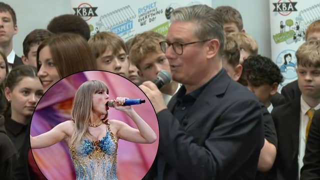 Keir Starmer says he went to see Taylor Swift in concert and his favourite song is 'Change'. Credit: ODN/ Inset: Taylor Swift performs at Wembley Stadium on June 21, 2024 Picture: Gareth Cattermole/Getty Images