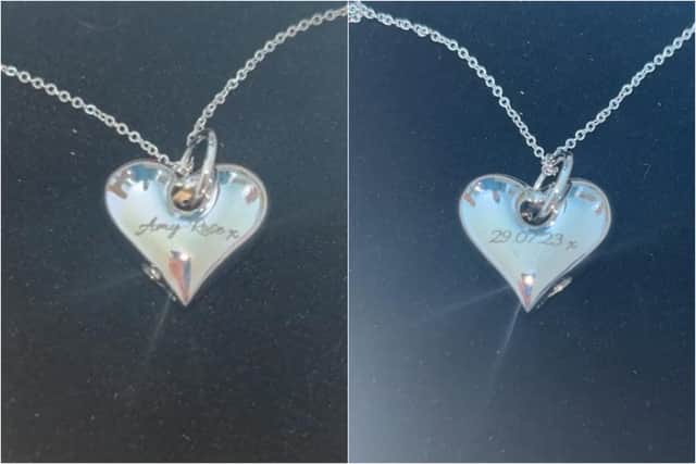 The necklace was attached to a set of keys and is engraved with the name ‘Amy Rose’ as well as ‘29.07.23 x’