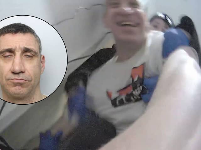 Gordon Finnlayson, 39, filmed laughing as he stabbed a police officer.