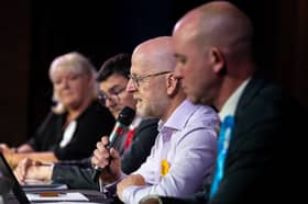 Fylde candidates at the election hustings debate [from right to left]:  Andrew Snowden, Mark Jewell, Tom Claver, Anne Aitken