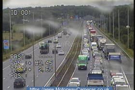 The accident involving two lorries and a car has caused long queues on the M62 on Thursday. Picture: motorwaycameras.co.uk