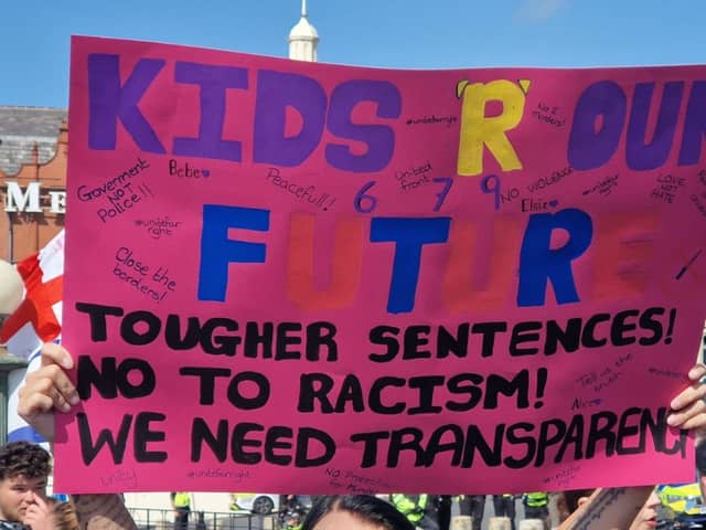 Hundreds gathered near Blackpool cenotaph on Saturday afternoon for a peaceful protest