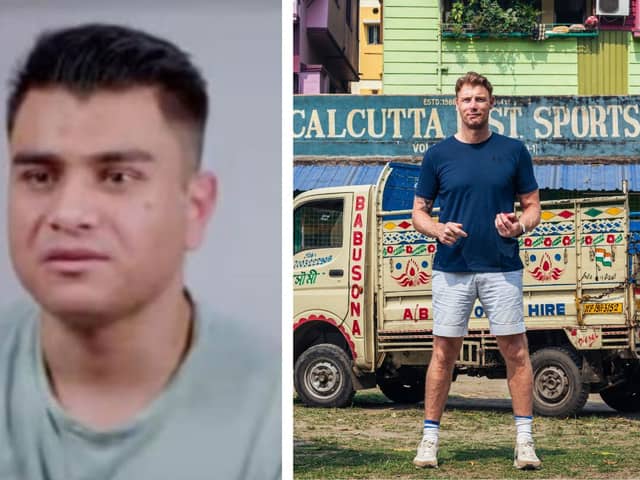 L: Adnan Miekhal pictured on Freddie Flintoff's Field of Dreams. R: Freddie pictured in a promotional poster for the show's second series. Credit: BBC