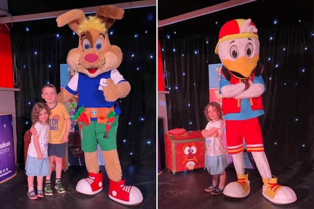 Eddie and Rosanna with Sparky, and Rosanna with Sid the Seagull at Parkdean's Landguard holiday park
