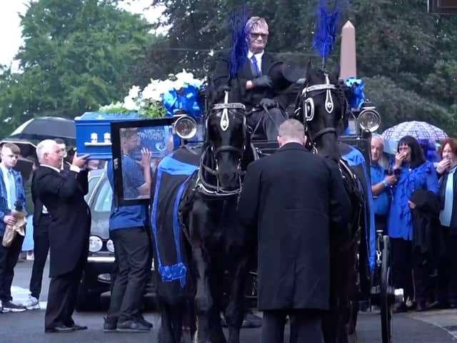 The coffin of Jay Slater being carried into Accrington Cemetery Chapel
