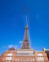 Red Arrows fly over the Blackpool Tower