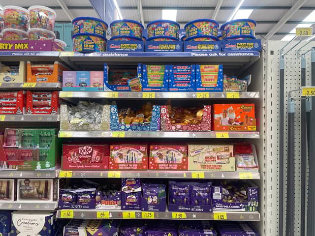 Christmas themed confectionary on the shelves at B&M Bargains in Leeds - four months before the big day (Photo by SWNS) 