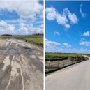 The causeway before and after the work was completed.
