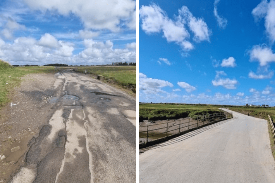 The causeway before and after the work was completed.