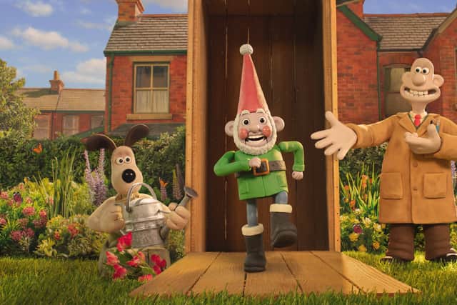 Norbot the robotic smart gnome with Nick Park's beloved characters Wallace and Gromit. Credit: Aardman Animations/BBC/PA Wire