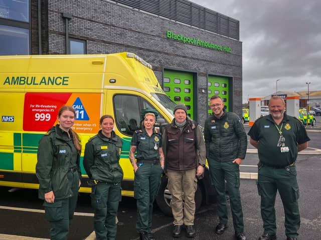 (L-R) Emma O'Hara, Tracy Gardiner, Holly Clarke, Chris Jameson, Aaron Pares and Mark Lewis outside Blackpool Ambulance Station