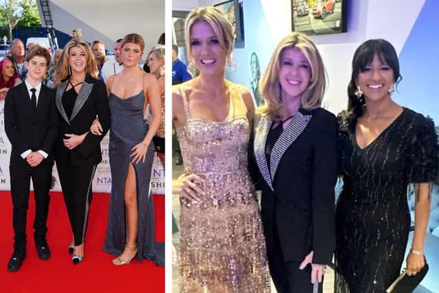 L: Kate Garraway with her children Billy and Darcey. R: Kate with CHarlotte Hawkins and Ranvir Singh. Credit: PA and @ranvirtv on Instagram