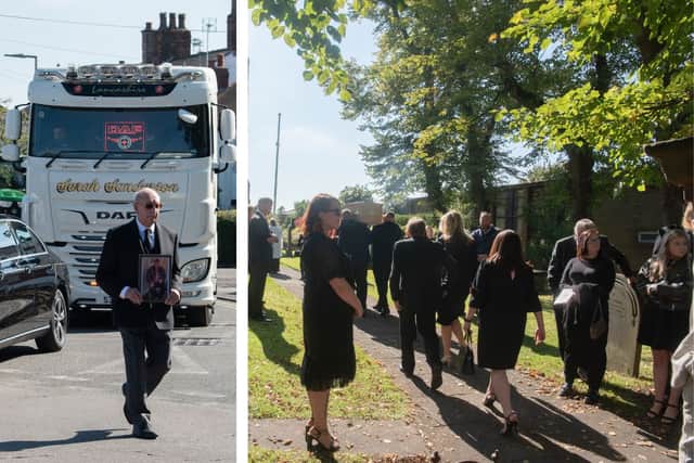 L: The lorry carrying Bill goes through Longton. R: The casket is carried into the church as mourners watch on.