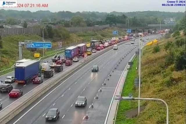 Two lanes are closed southbound from junction 23 for Haydock to junction 22 (Winwick Interchange), with 10 miles of congestion back to J27 at Standish. 