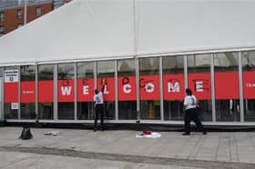 Protesters spray paint 'genocide’ on Labour conference entrance.