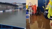 Football pitch submerged in water after thunderstorm.