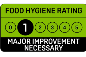 Food Standards Agency food hygiene rating 1 - indicated major improvement necessary