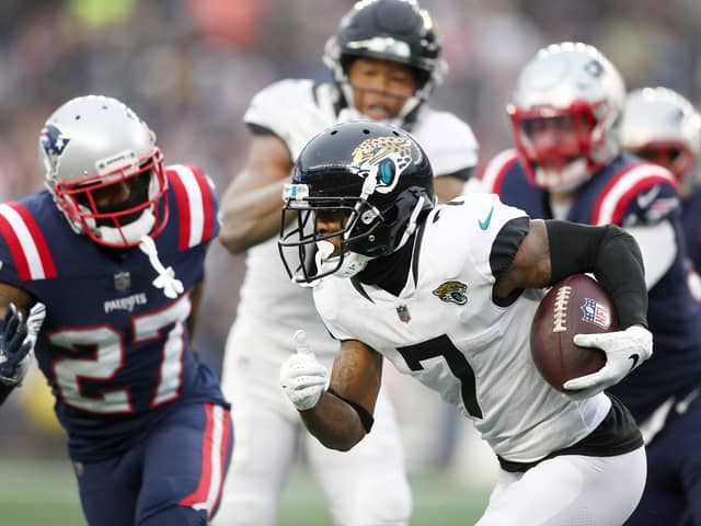 Tavon Austin #7 of the Jacksonville Jaguars runs with the ball in the third quarter of the game against the New England Patriots at Gillette Stadium on January 02, 2022 in Foxborough, Massachusetts.