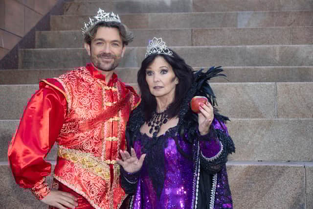 Maureen as the Wicked Queen and Emrhys Cooper as Prince Fredrick. Credit: David Munn Photography