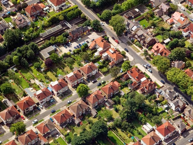 Aerial shot of houses.