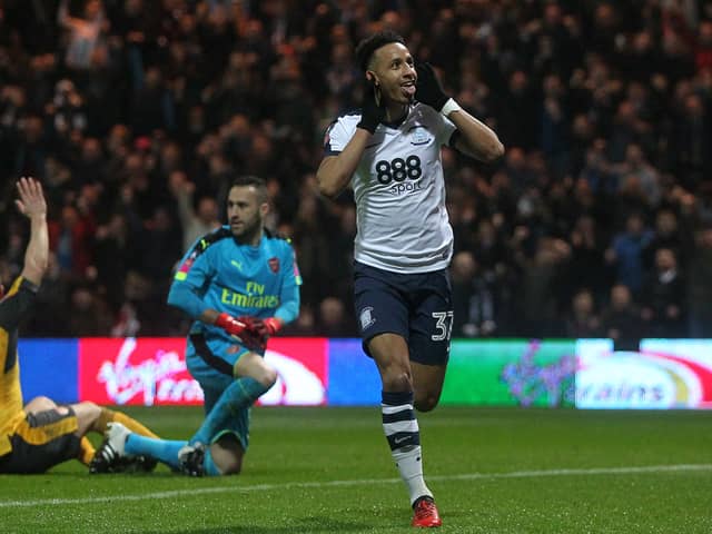 Callum Robinson celebrates scoring against Arsenal