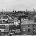 The city of Preston in Lancashire, circa 1940. The Harp Inn on Church Street is visible just to right of centre