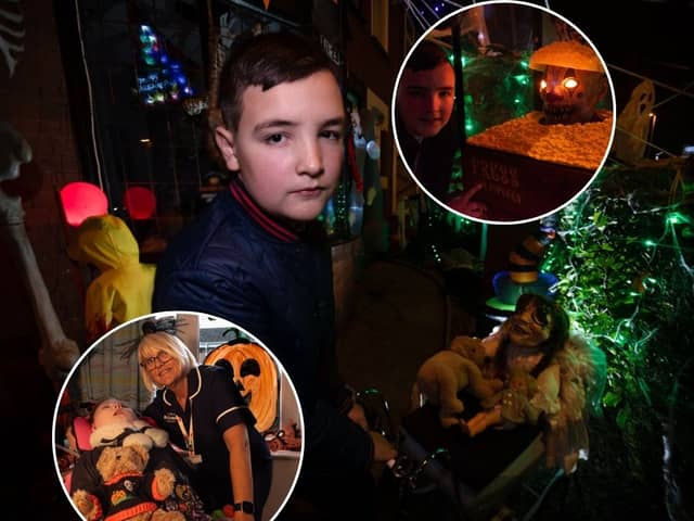 Bailey Wood has done his house up for Halloween, to raise money for Brian House Children's Hospice (inset)
