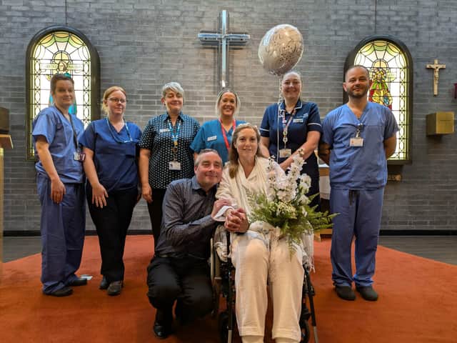 Emily and Jamie Cross, tied the knot following Emily’s terminal cancer diagnosison the Ribblesdale Ward at Royal Preston Hospital