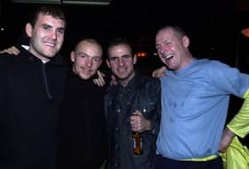 Clubbing event at Squires Nightclub, Preston are from left, PNE Players, David Lucas and Paul McKenna, Burnley player Lee Briscoe and collecter Paul Evans who was dressed as Bart Simpson for the night 