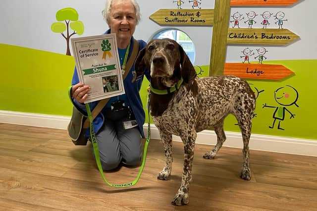 Shuna, a certified Pets as Therapy (PAT) dog, has been visiting Derian House with her owners Linda and Phil Martlew for six years.