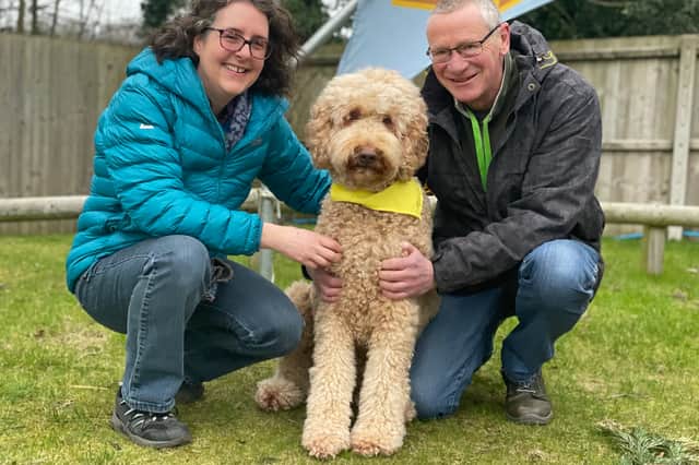 The loveable pooch will join a team of volunteers after the retirement of therapy pup Tallulah the Labradoodle, pictured with owners Clare and Steve.