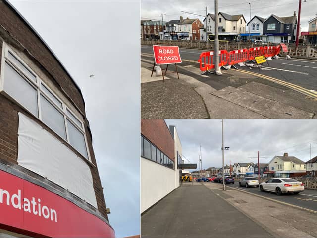 A chunk of concrete fell from the British Heart Foundation shop in Cleveleys during Storm Darragh
