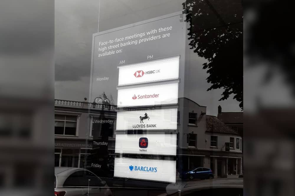 An example of a banking hub in Devon and the list of banks who work from there. Credit: Victoria Shaw/PA Wire