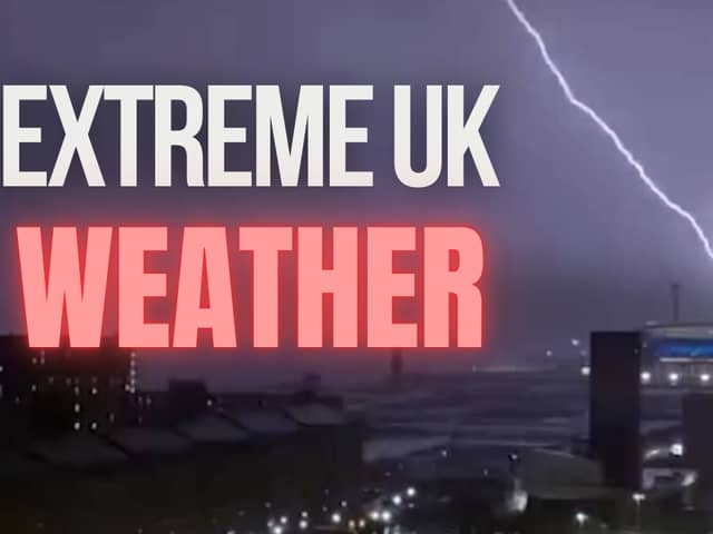 An image of lightning bolts near a football stadium