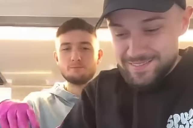 Posting the video on their social media feed, brothers Harley and Jacob Nelson showed the woman ordering jacket potato with a banana and custard filling.  