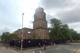The fire-damaged St John the Evangelist Church in Victoria Street, Blackburn