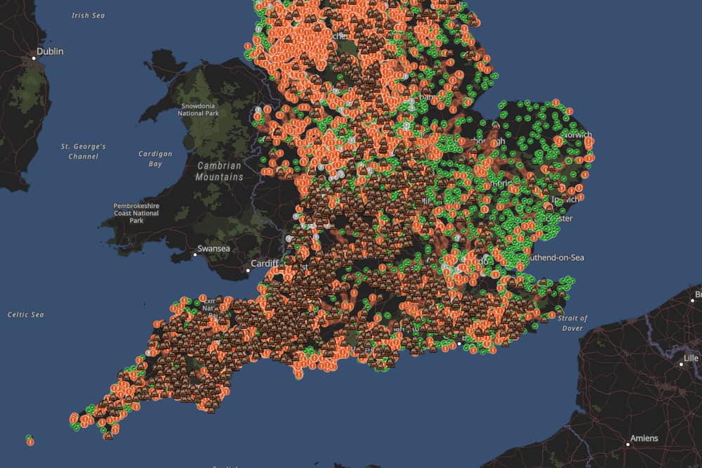 Live map shows areas of recent sewage spills in England.